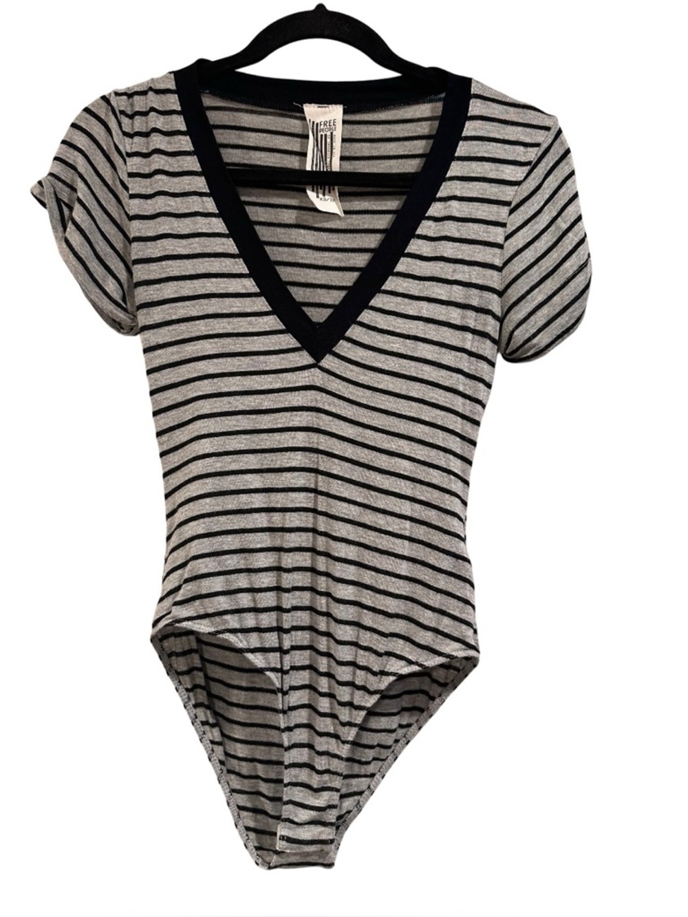 Free People "Me Oh My" V-neck Grey & Black Striped V-Neck Bodysuit XS EUC - Picture 4 of 16